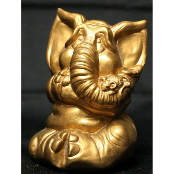 VTG Ceramic Elephant Holding Mouse Gold Colored Yoga Posing Figurine Statue 6" - Picture 1 of 10